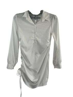White Satin-Look Ruched Shirt Dress Minimalist Chic Side Tie Button Front Sz S
